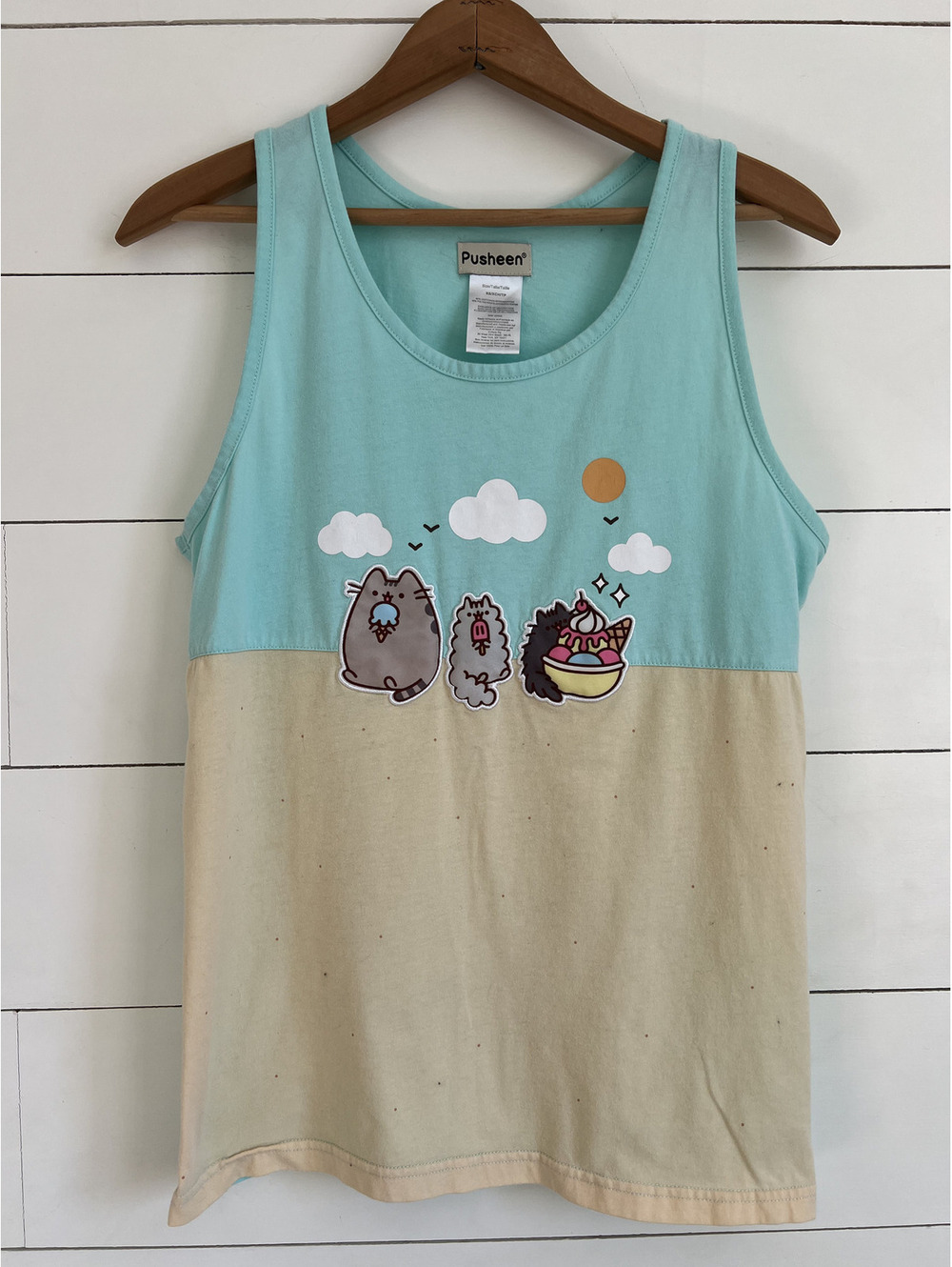 Pusheen Tank Top Sleeveless Shirt Size XS/S Blue and Beige